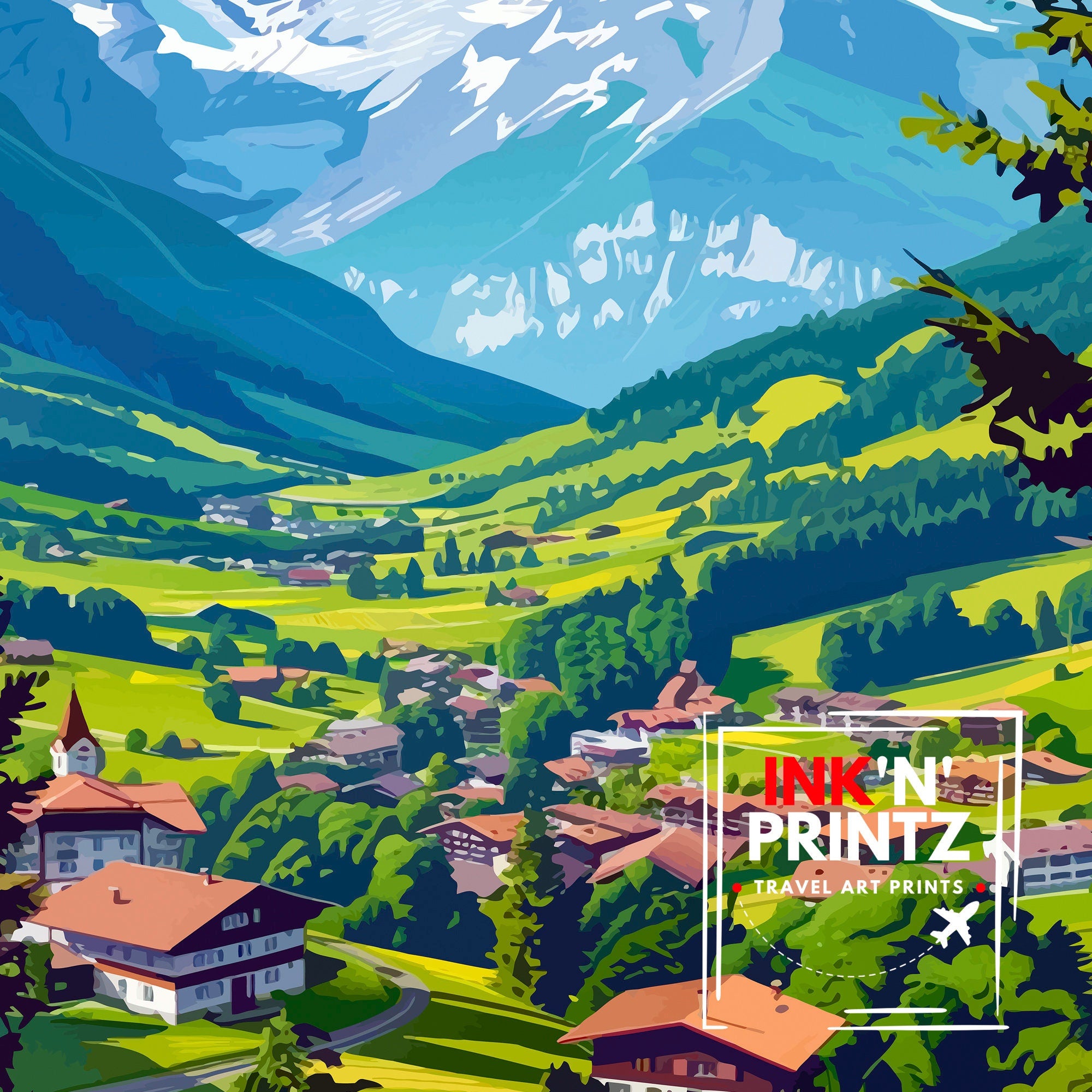 Wengen Switzerland Print Alpine Village Art Swiss Mountainscape Poster Lauterbrunnen Valley Wall Decor Swiss Alps Illustration