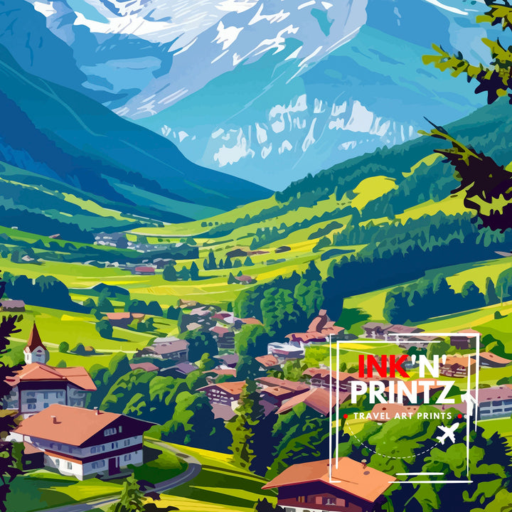 Wengen Switzerland Poster Alpine Village Art Swiss Mountainscape Poster Lauterbrunnen Valley