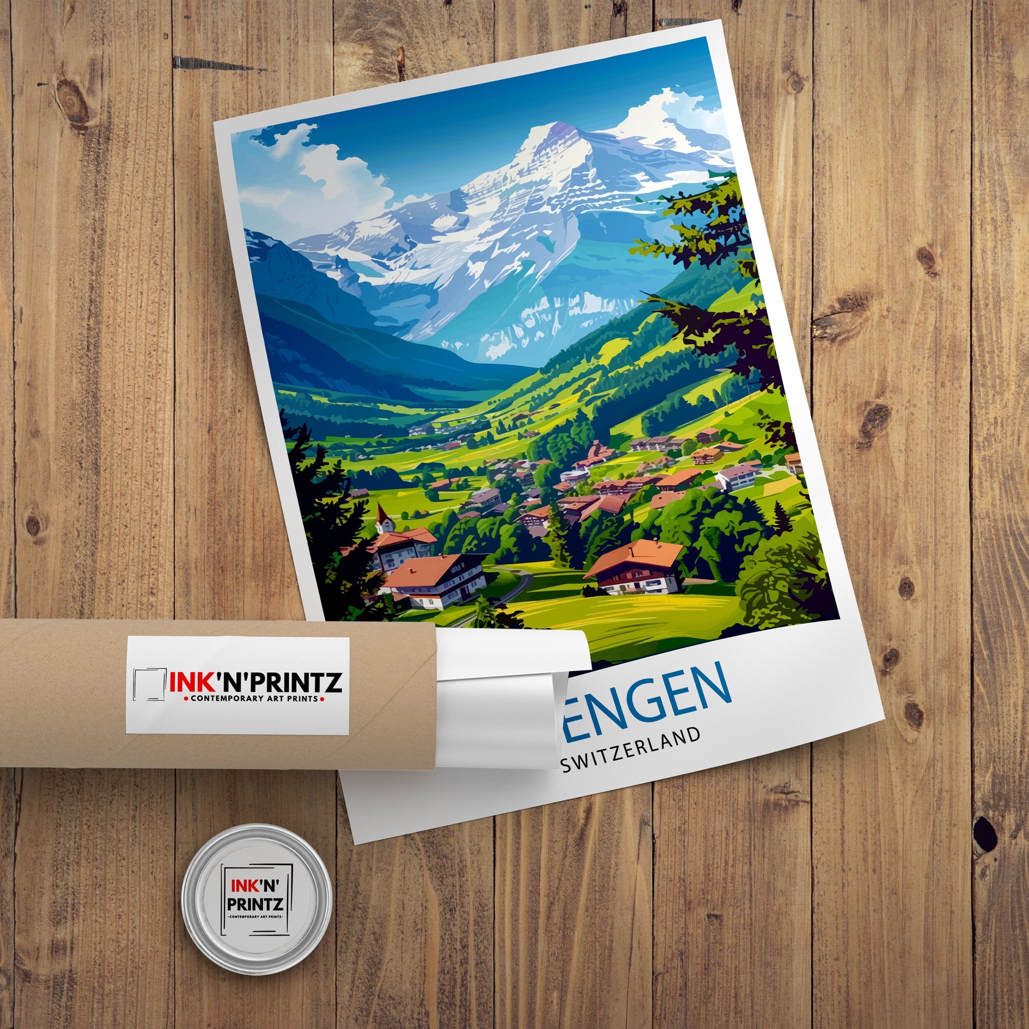 Wengen Switzerland Print Alpine Village Art Swiss Mountainscape Poster Lauterbrunnen Valley Wall Decor Swiss Alps Illustration