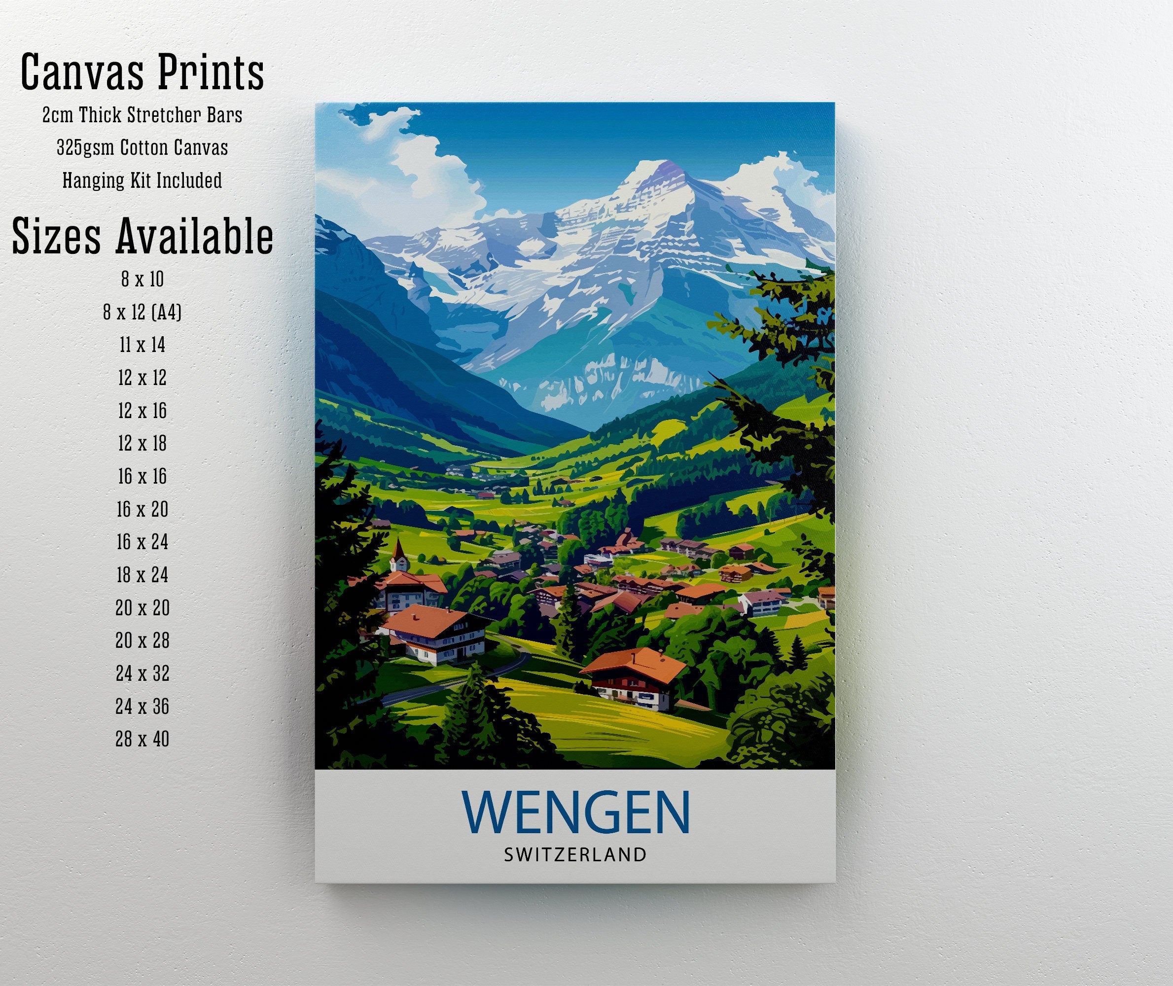 Wengen Switzerland Print Alpine Village Art Swiss Mountainscape Poster Lauterbrunnen Valley Wall Decor Swiss Alps Illustration