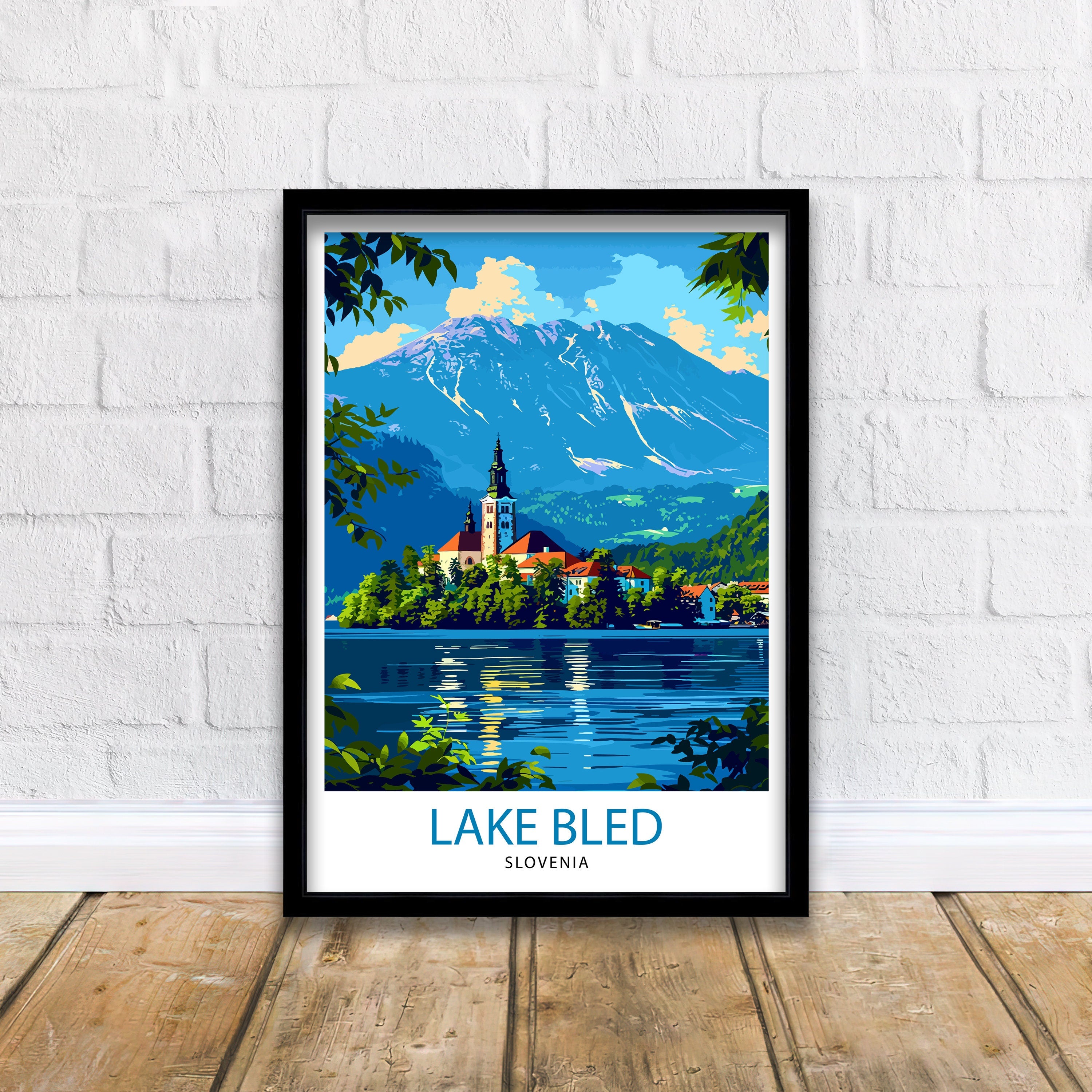 Lake Bled Slovenia Travel Poster Alpine Lake Art Bled Castle Print Slovenian Paradise Wall Decor Emerald Waters Illustration European Escape