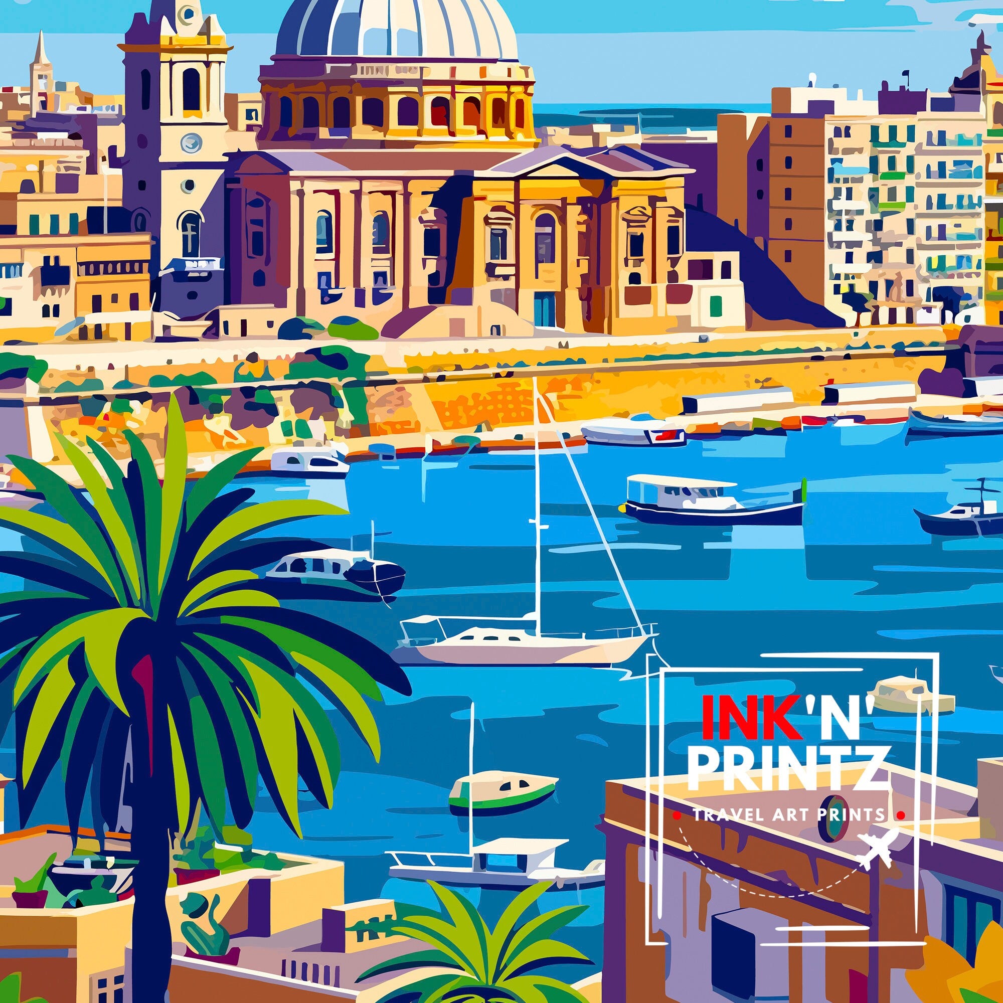 Valletta Malta Travel Print , Valletta Wall Art, Valletta Decor, Malta Illustration, Travel Poster, Gift For Malta, Malta Home Decor