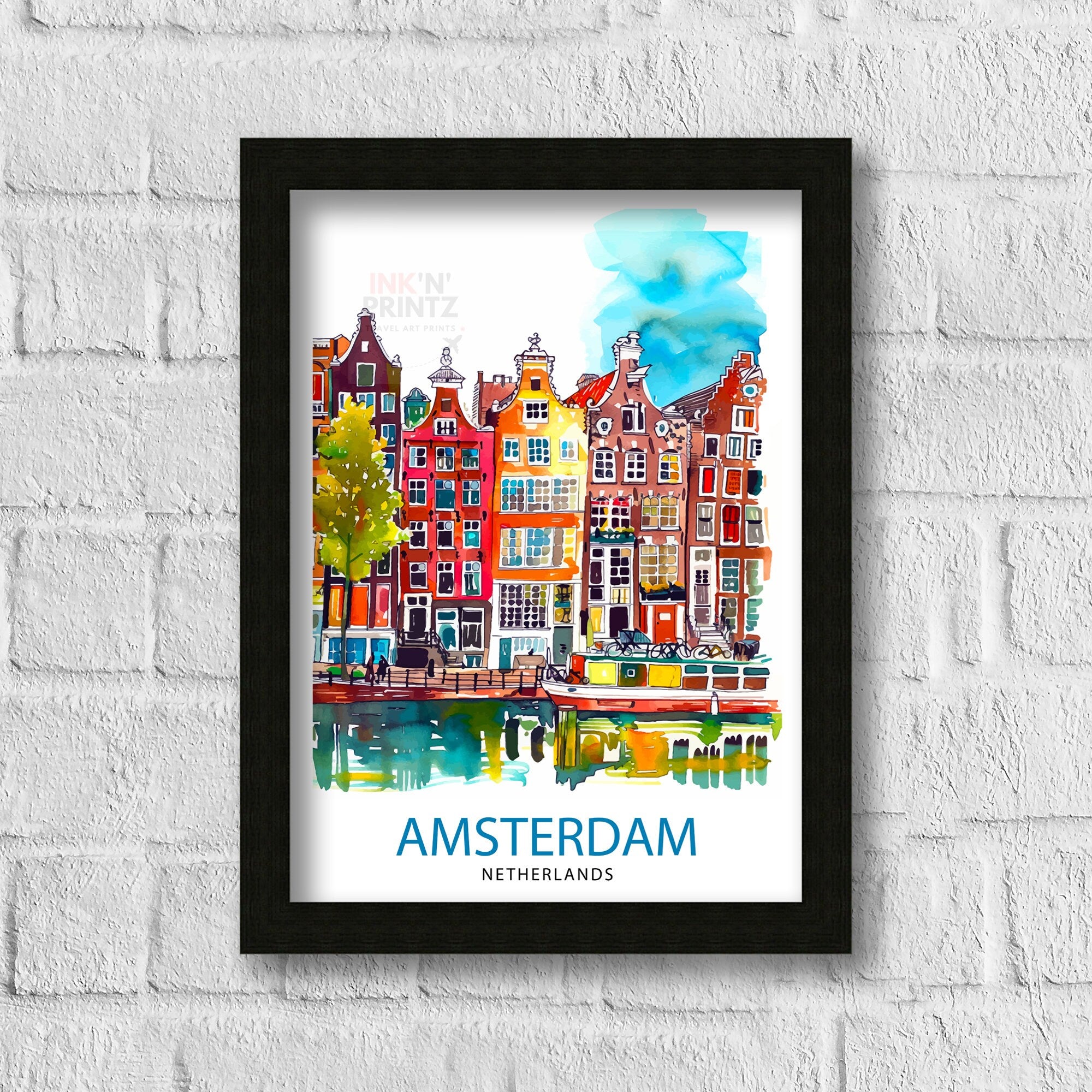 Amsterdam Travel Print Amsterdam Wall Art Amsterdam Cityscape Netherlands Illustration Amsterdam Travel Poster Gift for Amsterdam Lovers