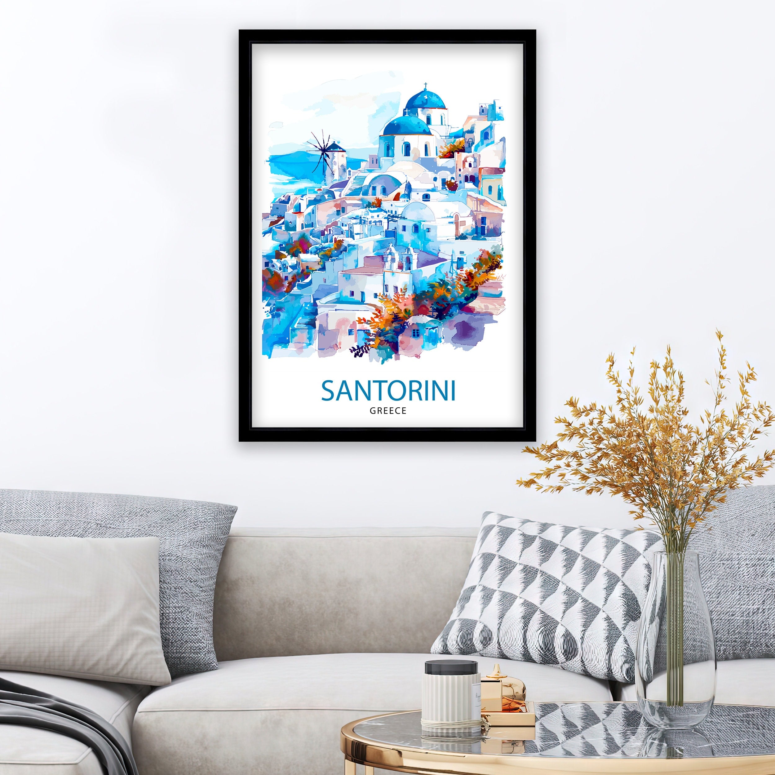 Santorini Greece Travel Print Santorini Wall Decor Santorini Island Poster Greece Travel Prints Santorini Art Print Santorini Illustration