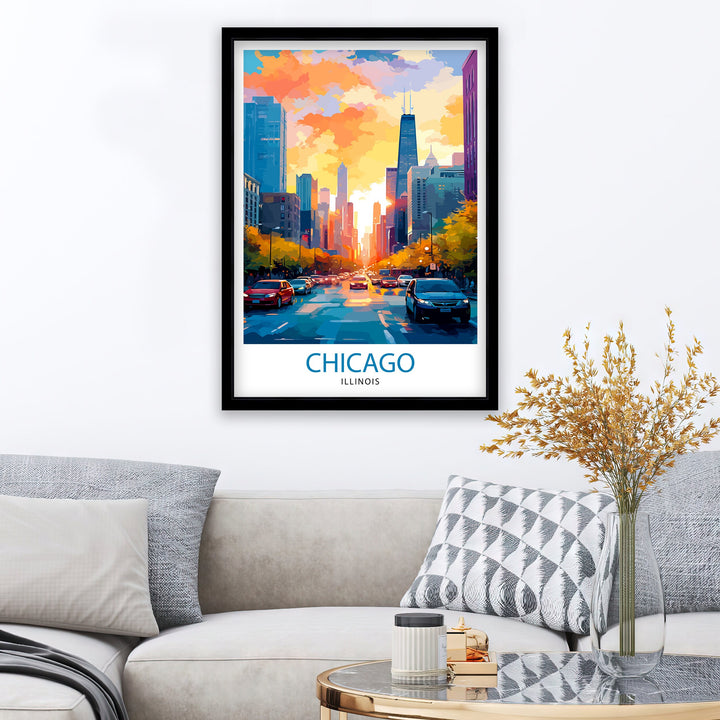 Chicago Travel Print| Chicago Wall Art Chicago Skyline Decor Illinois Travel Poster Chicago Cityscape Art Chicago Gift Chicago Home Decor