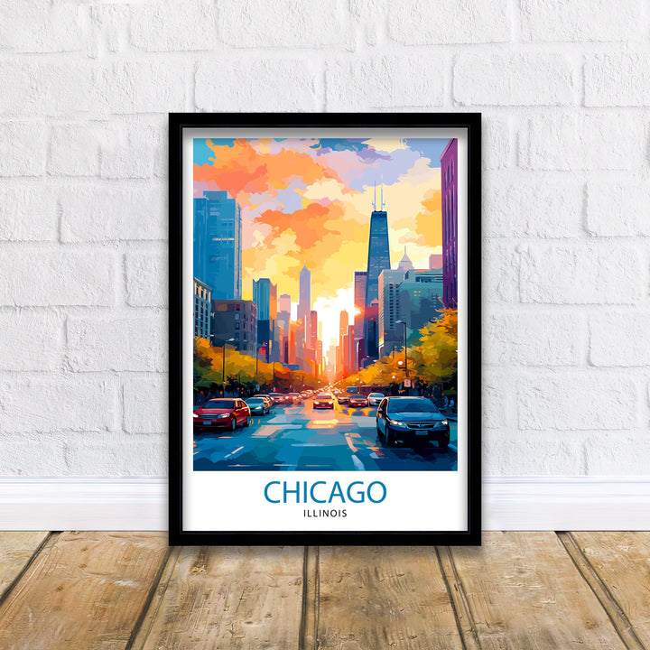 Chicago Travel Print| Chicago Wall Art Chicago Skyline Decor Illinois Travel Poster Chicago Cityscape Art Chicago Gift Chicago Home Decor