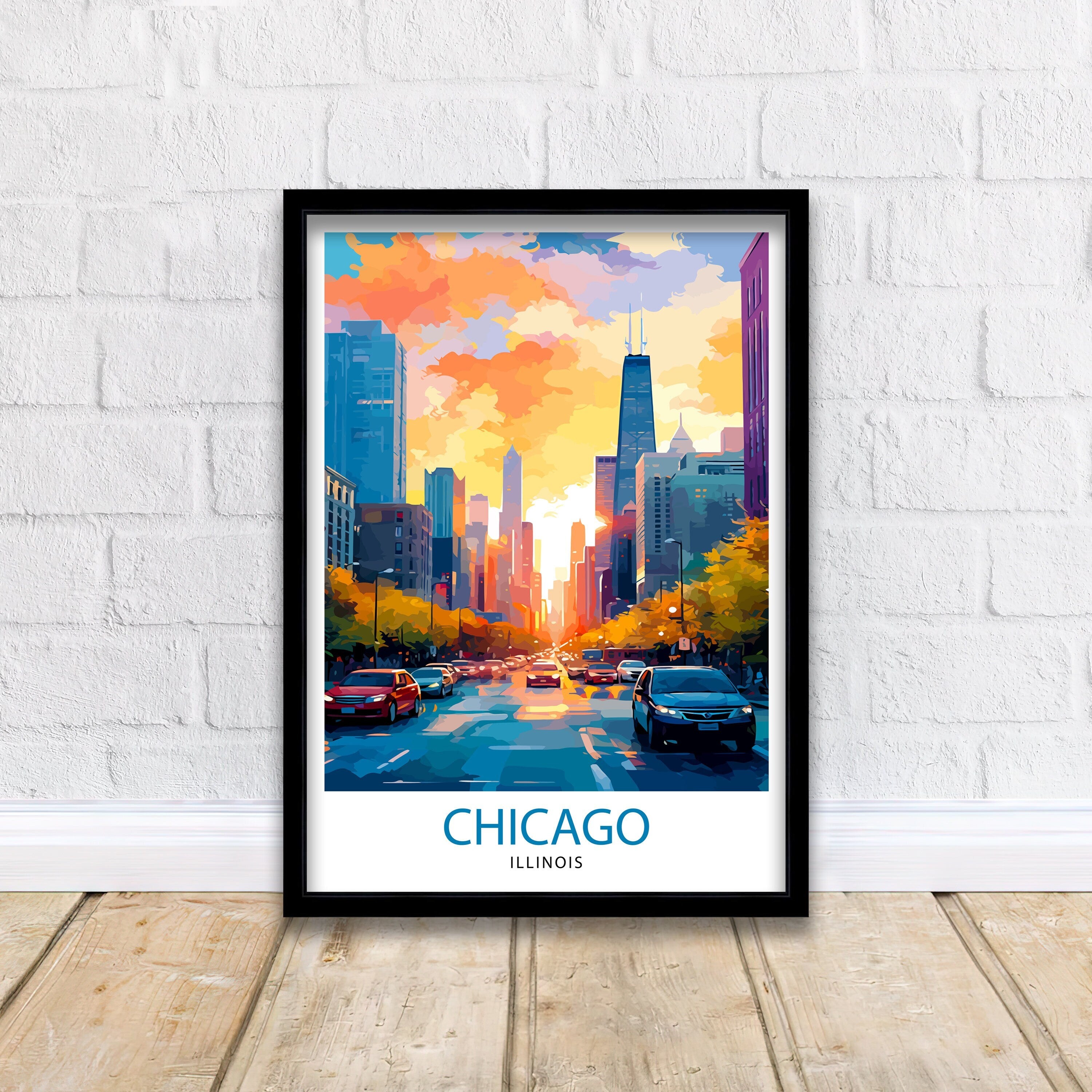 Chicago Travel Print| Chicago Wall Art Chicago Skyline Decor Illinois Travel Poster Chicago Cityscape Art Chicago Gift Chicago Home Decor