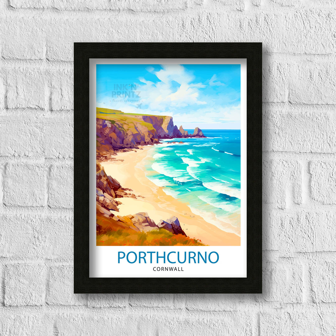 Porthcurno Cornwall Travel Poster Porthcurno Wall Art Porthcurno Beach Illustration Cornwall Travel Poster Porthcurno Home Decor