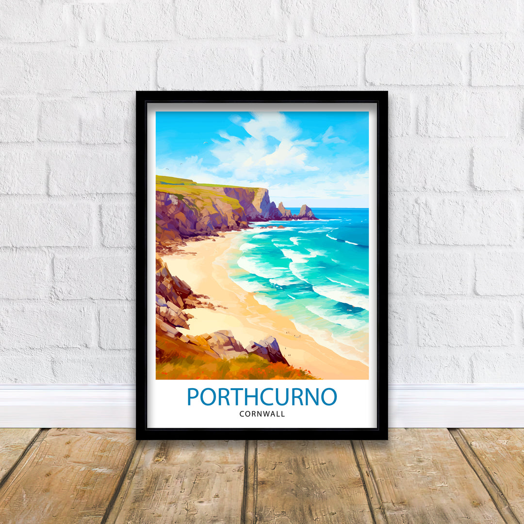 Porthcurno Cornwall Travel Poster Porthcurno Wall Art Porthcurno Beach Illustration Cornwall Travel Poster Porthcurno Home Decor