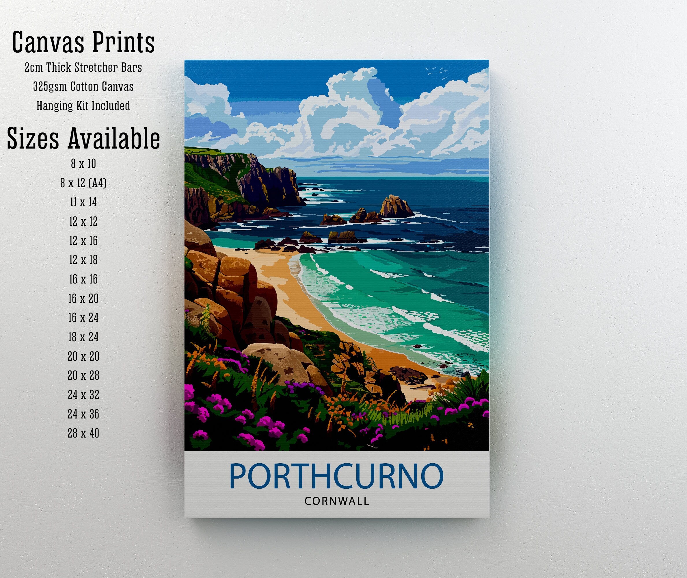 Porthcurno Cornwall Travel Print Porthcurno Wall Art Porthcurno Beach Illustration Cornwall Travel Poster Porthcurno Home Decor