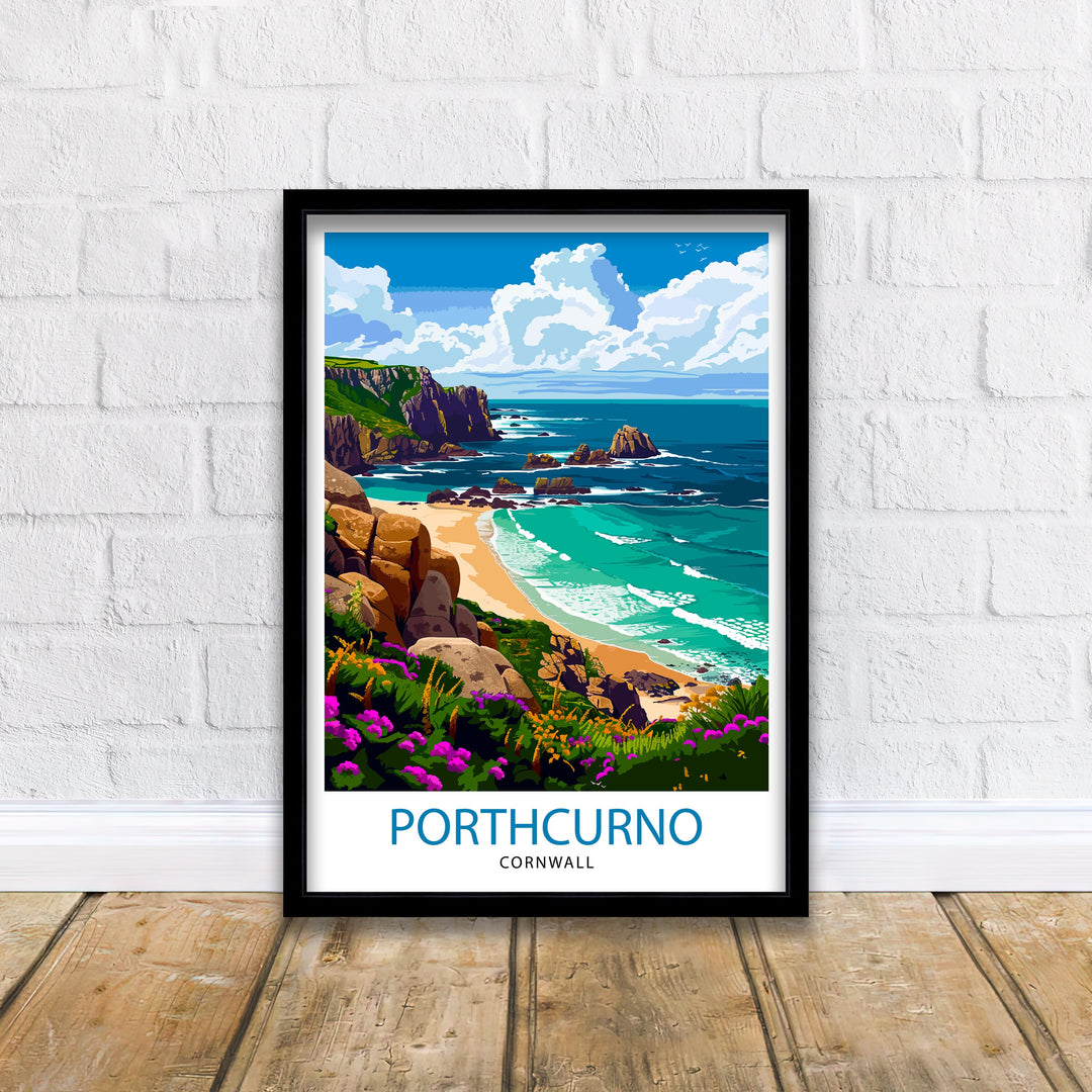 Porthcurno Cornwall Travel Print Porthcurno Wall Art Porthcurno Beach Illustration Cornwall Travel Poster Porthcurno Home Decor