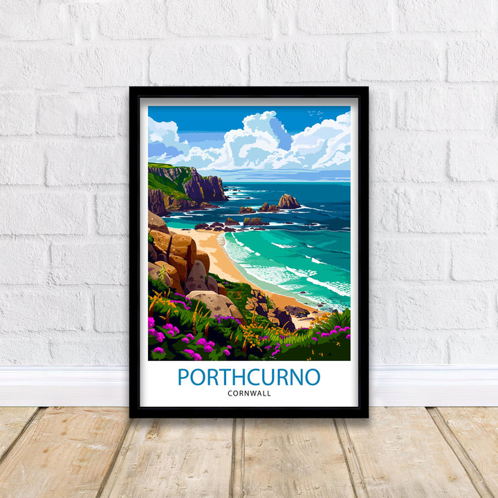 Porthcurno Cornwall Travel Poster Porthcurno Wall Art Porthcurno Beach Illustration Cornwall Travel Poster Porthcurno Home Decor