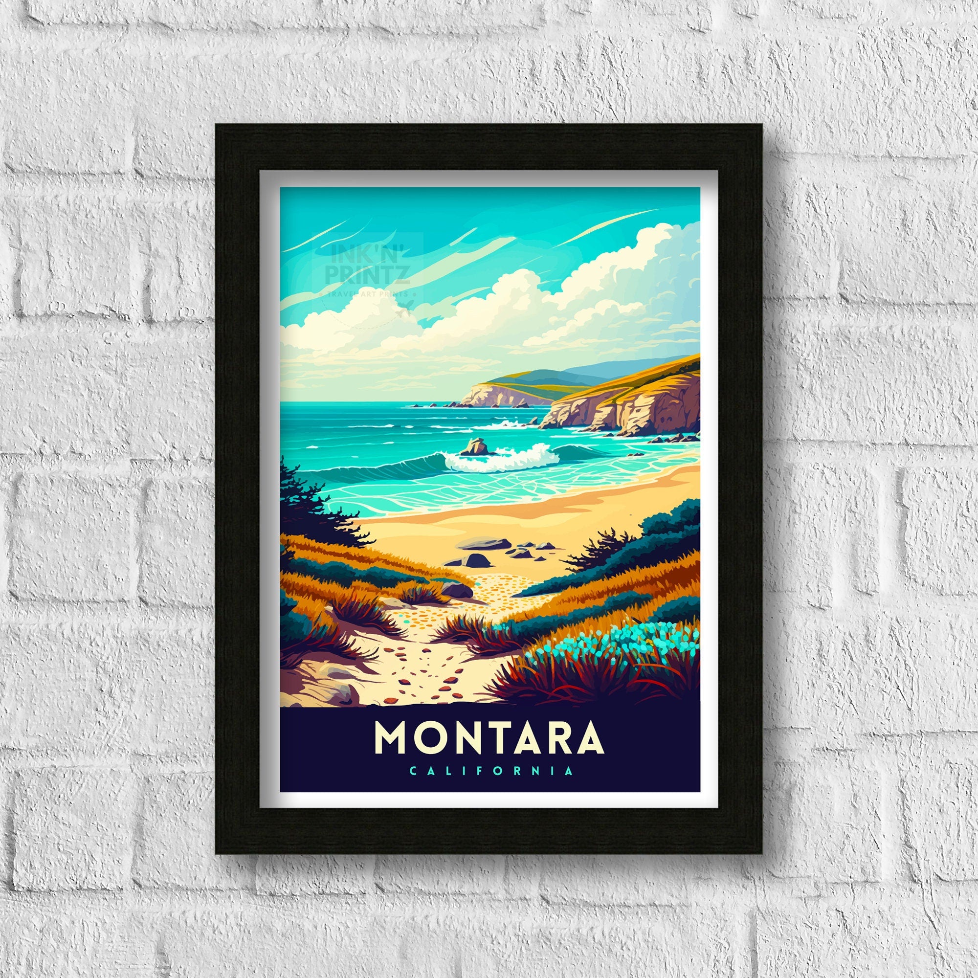 Montara Beach California Travel Print| Montara Wall Art Montara Beach Home Decor California Coast Illustration Print Montara Travel Poster