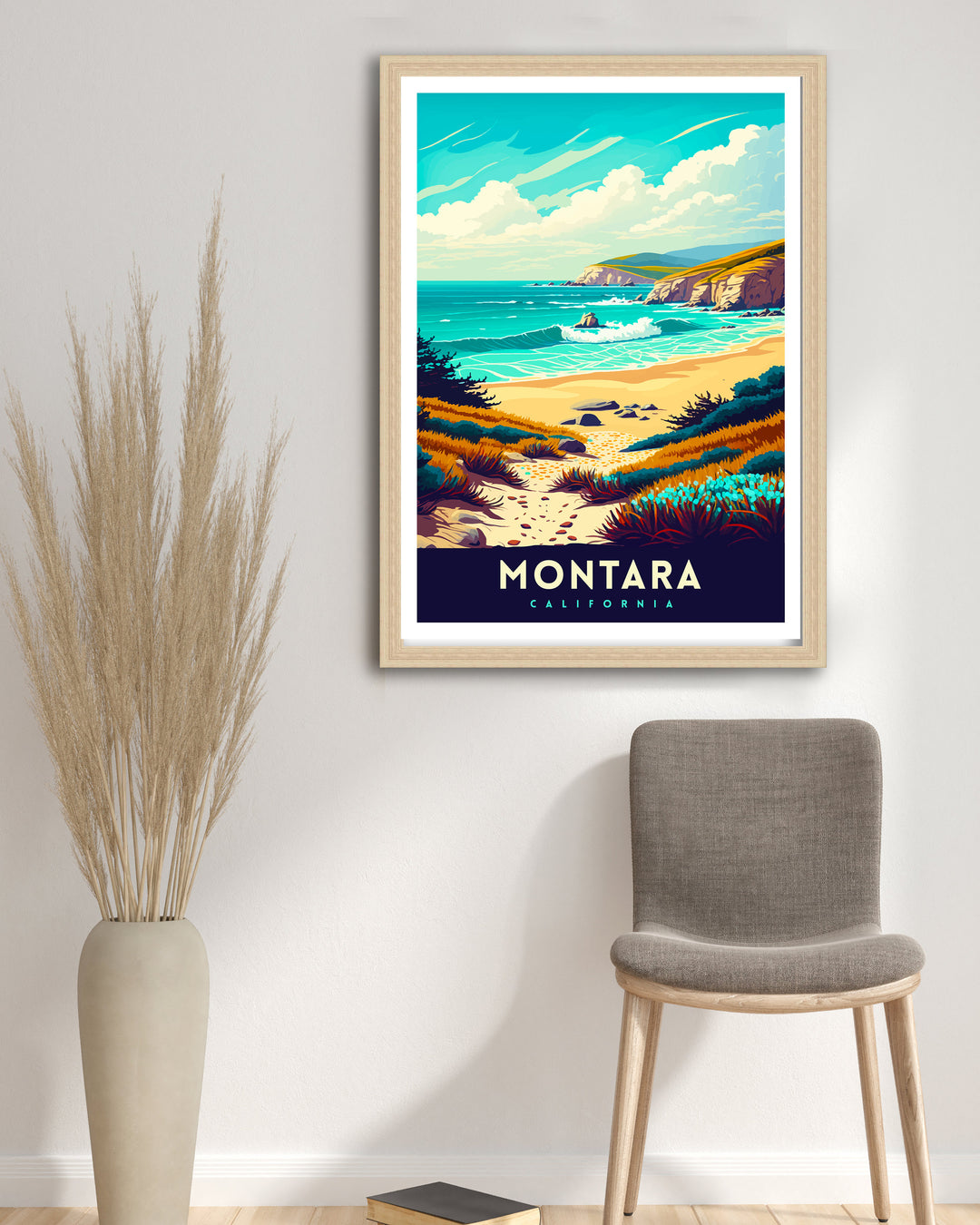 Montara Beach California Travel Print| Montara Wall Art Montara Beach Home Decor California Coast Illustration Print Montara Travel Poster