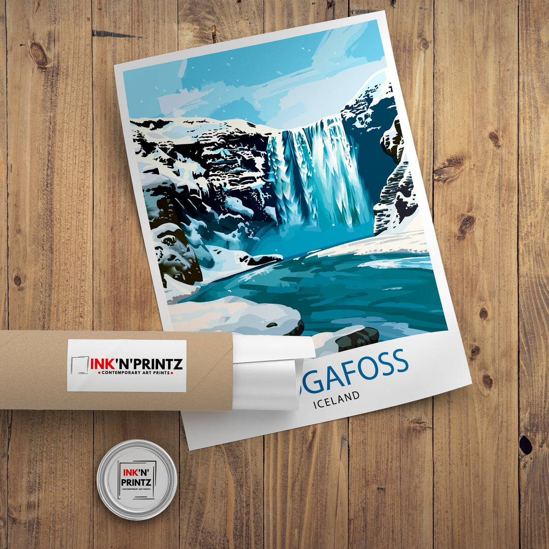 Skogafoss Waterfall Iceland Travel Poster