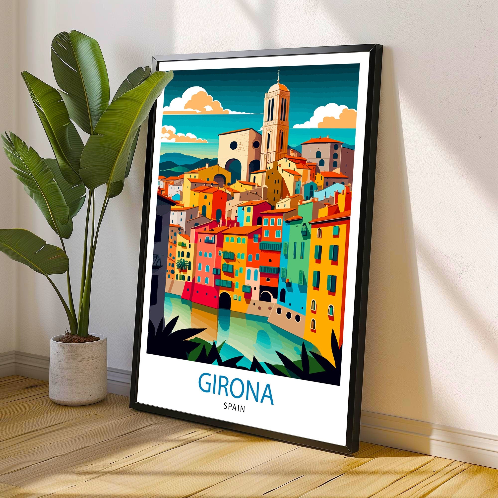 Girona Spain Travel Poster Print, Colorful City Illustration