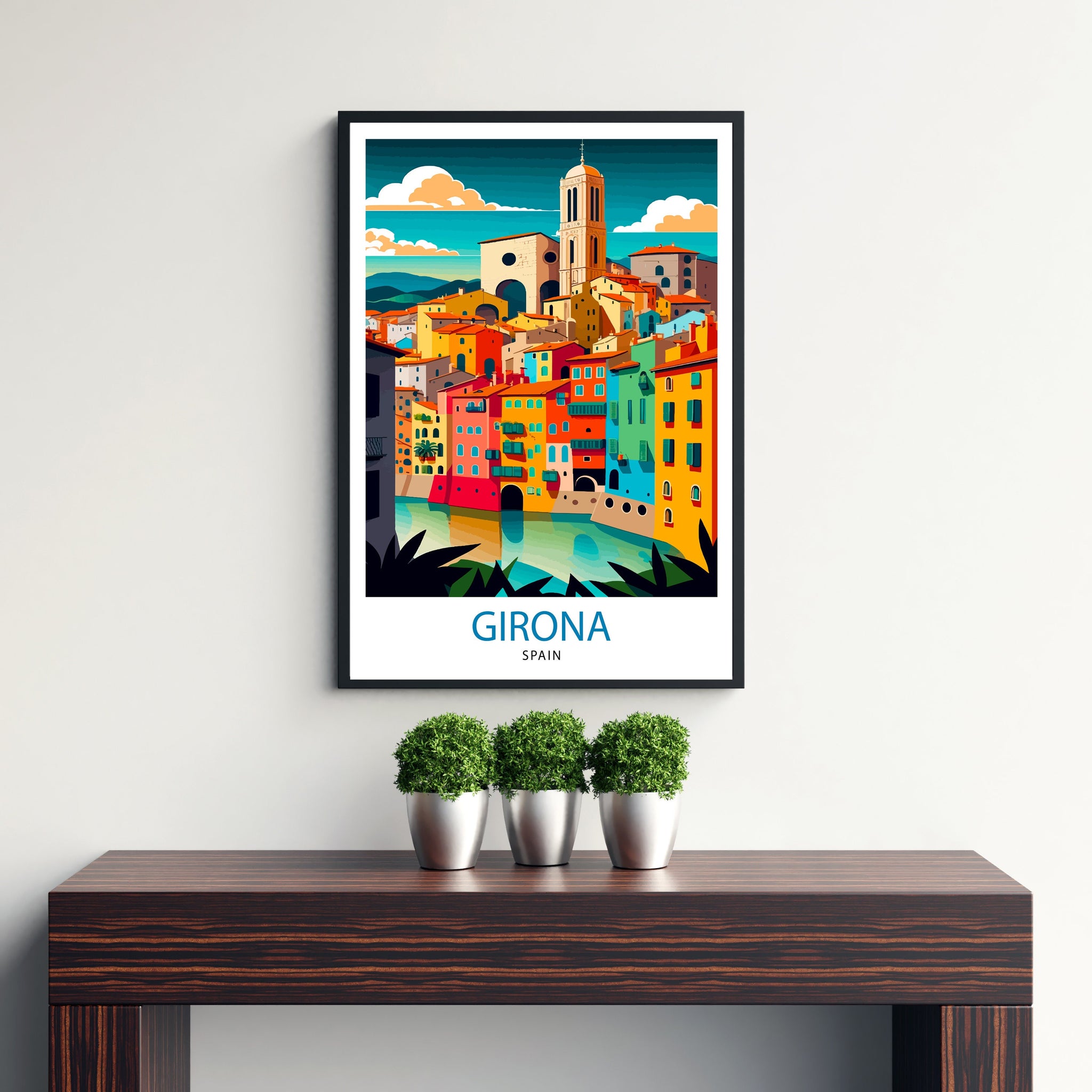 Girona Spain Travel Poster Print, Colorful City Illustration