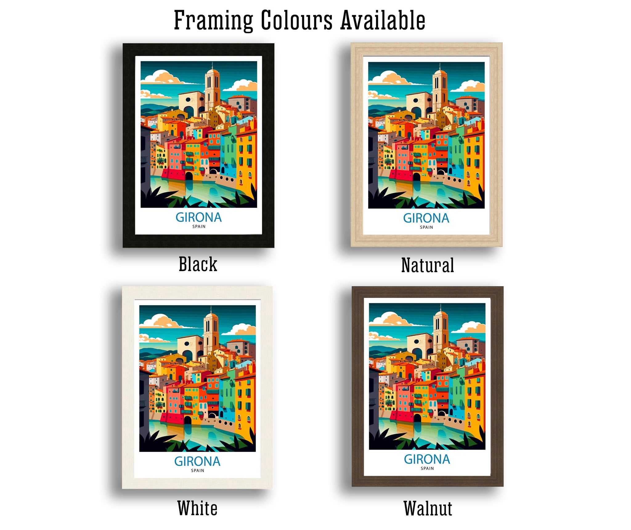 Girona Spain Travel Poster Print, Colorful City Illustration