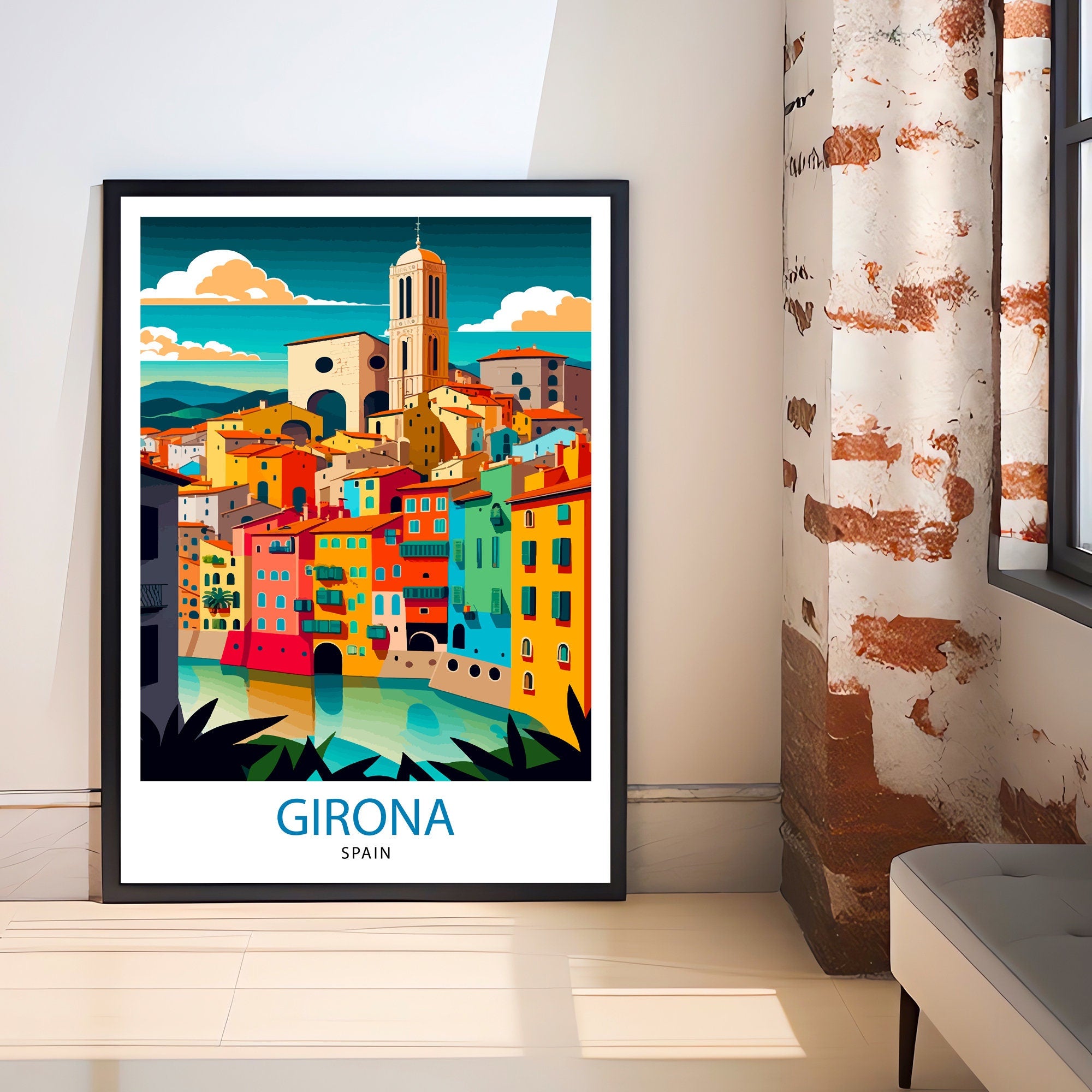 Girona Spain Travel Poster Print, Colorful City Illustration