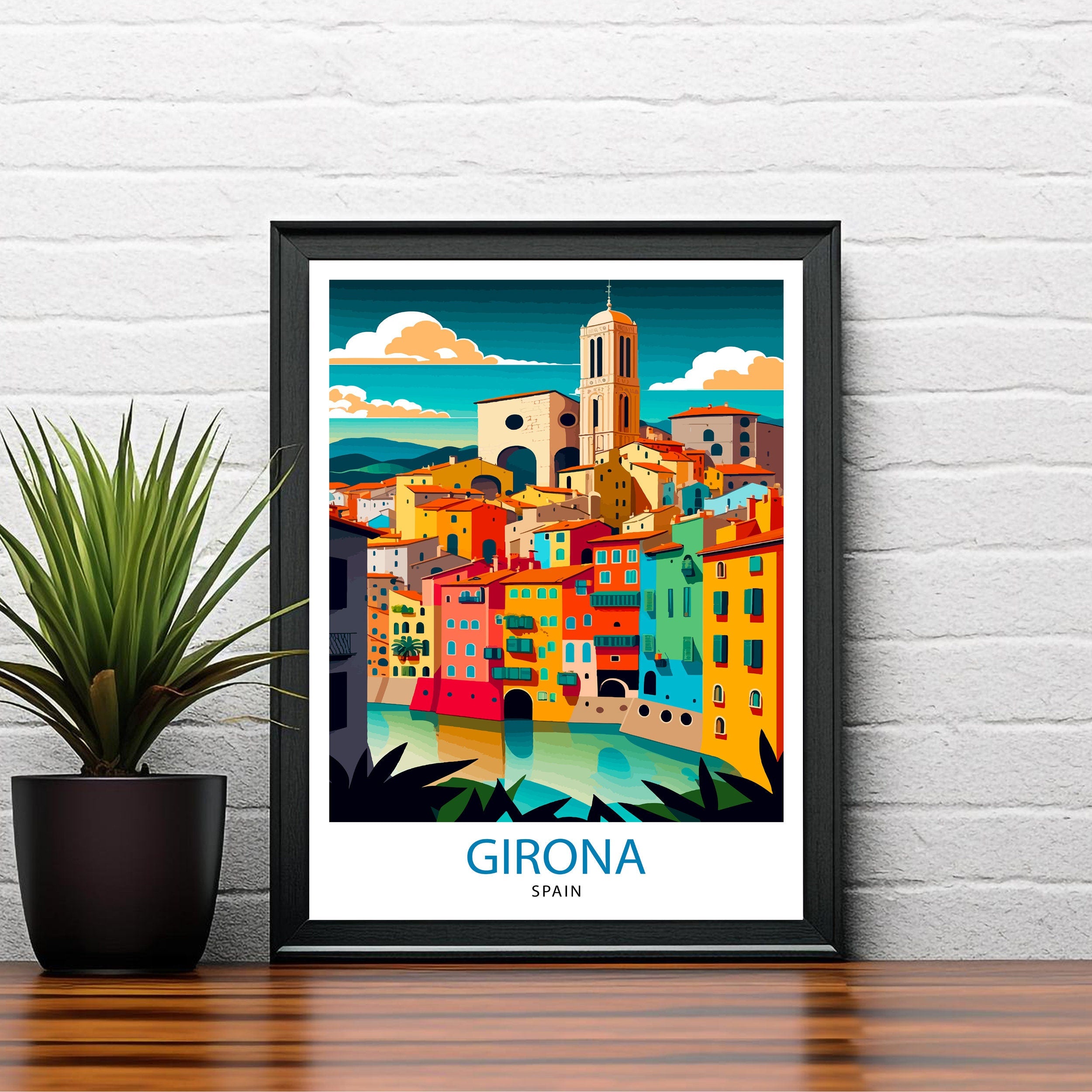 Girona Spain Travel Poster Print, Colorful City Illustration
