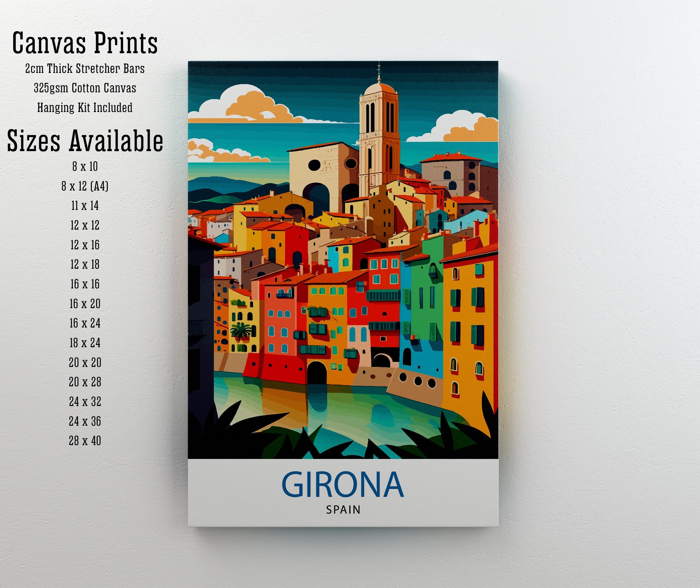 Girona Spain Travel Poster Print, Colorful City Illustration