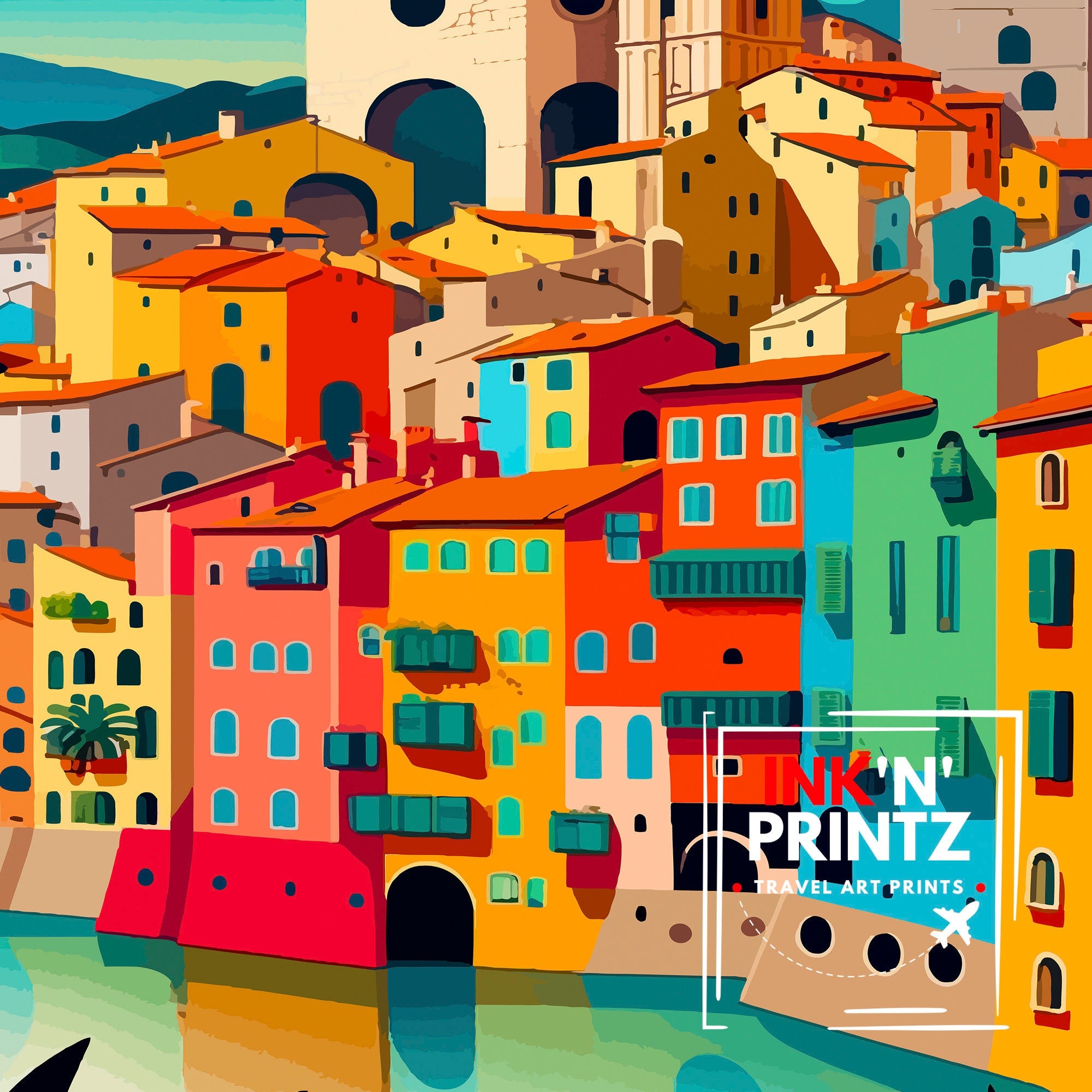 Girona Spain Travel Poster Print, Colorful City Illustration