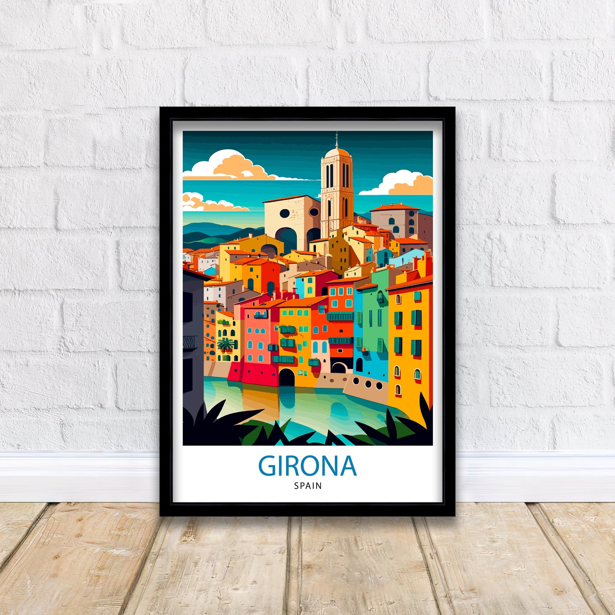 Girona Spain Travel Poster Print, Colorful City Illustration