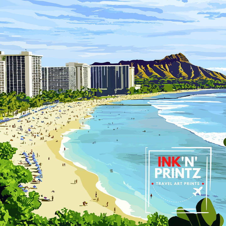 Waikiki Beach Hawaii Travel Print Wall Decor Wall Art Waikiki Wall Hanging Home Décor Waikiki Gift Art Lovers Hawaiian Art Lover Gift