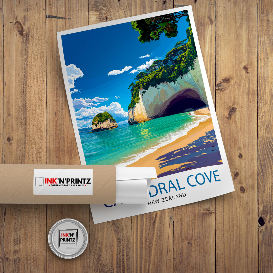 Cathedral Cove New Zealand Travel Poster