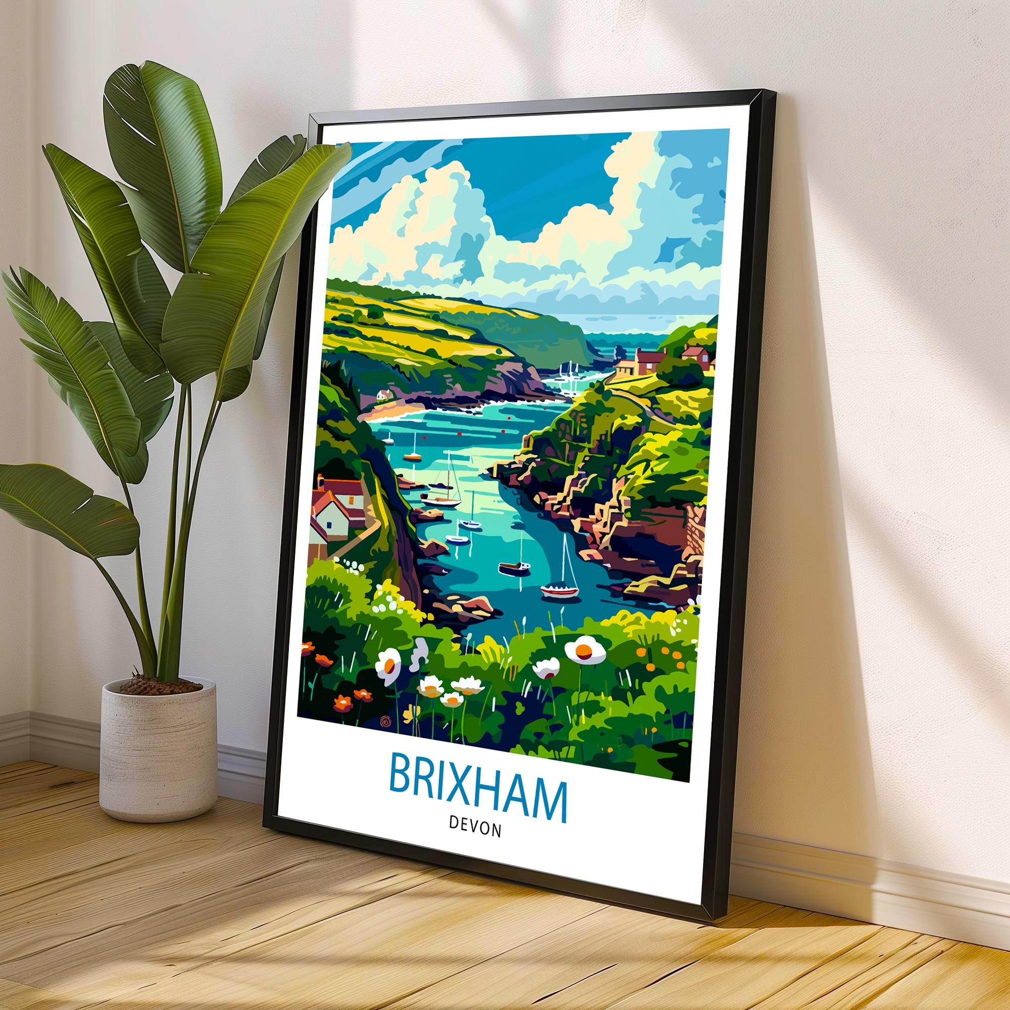 Brixham Devon Travel Poster English Seaside Town Art Devonshire Harbor Print British Coastal Wall Decor Fishing Village Illustration