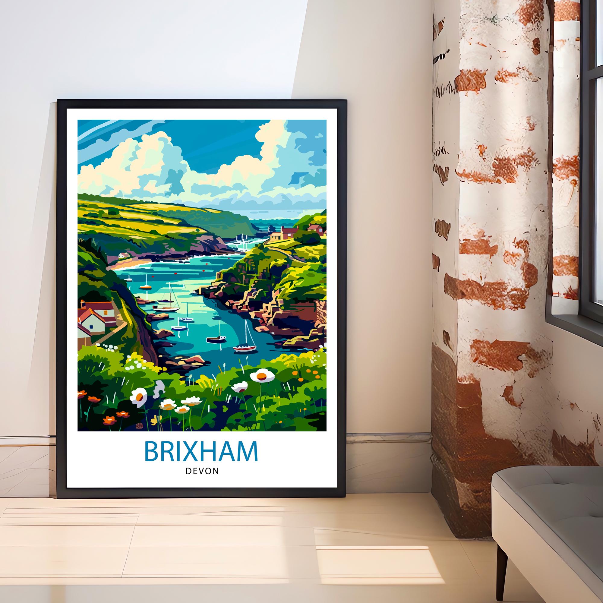 Brixham Devon Travel Poster English Seaside Town Art Devonshire Harbor Print British Coastal Wall Decor Fishing Village Illustration