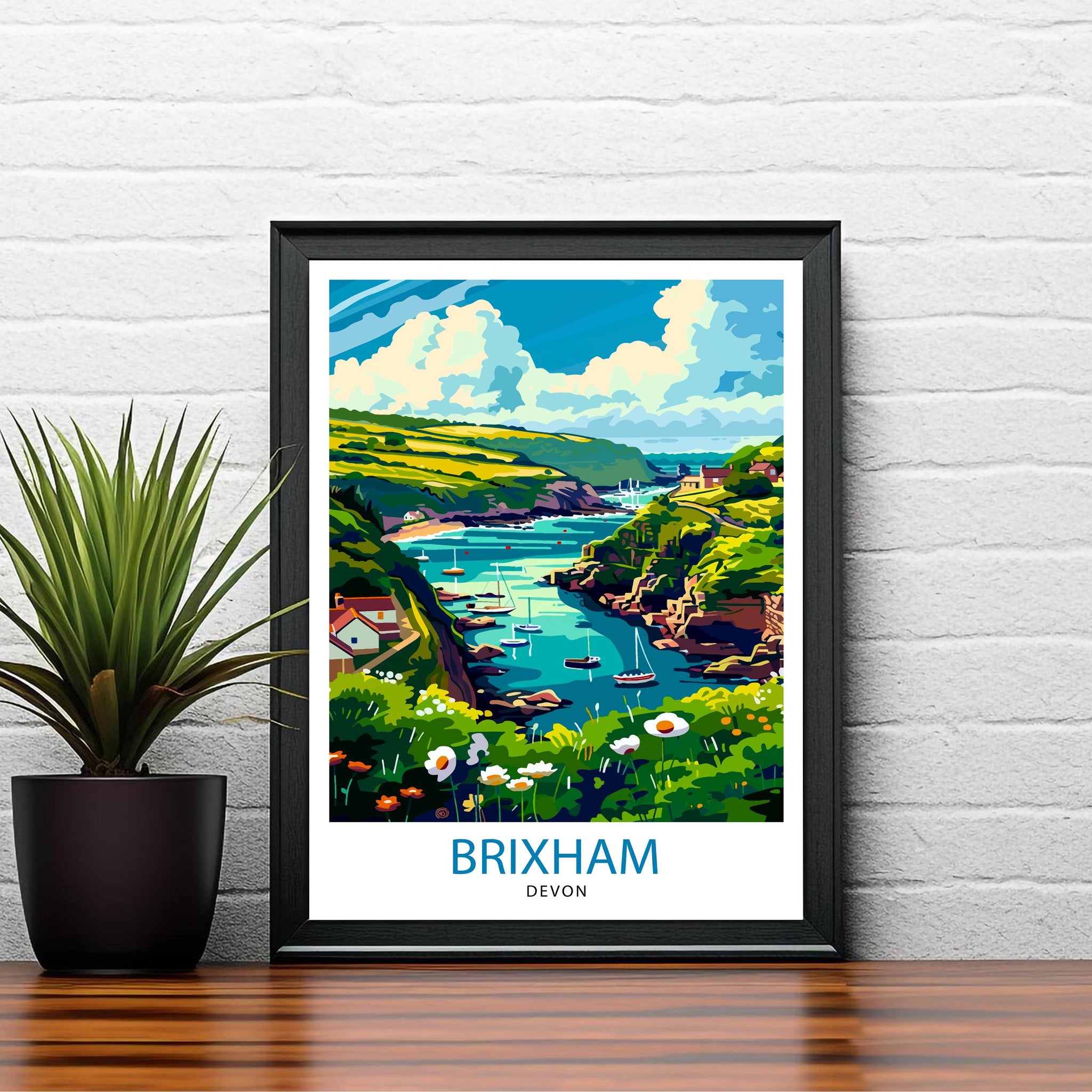 Brixham Devon Travel Poster English Seaside Town Art Devonshire Harbor Print British Coastal Wall Decor Fishing Village Illustration