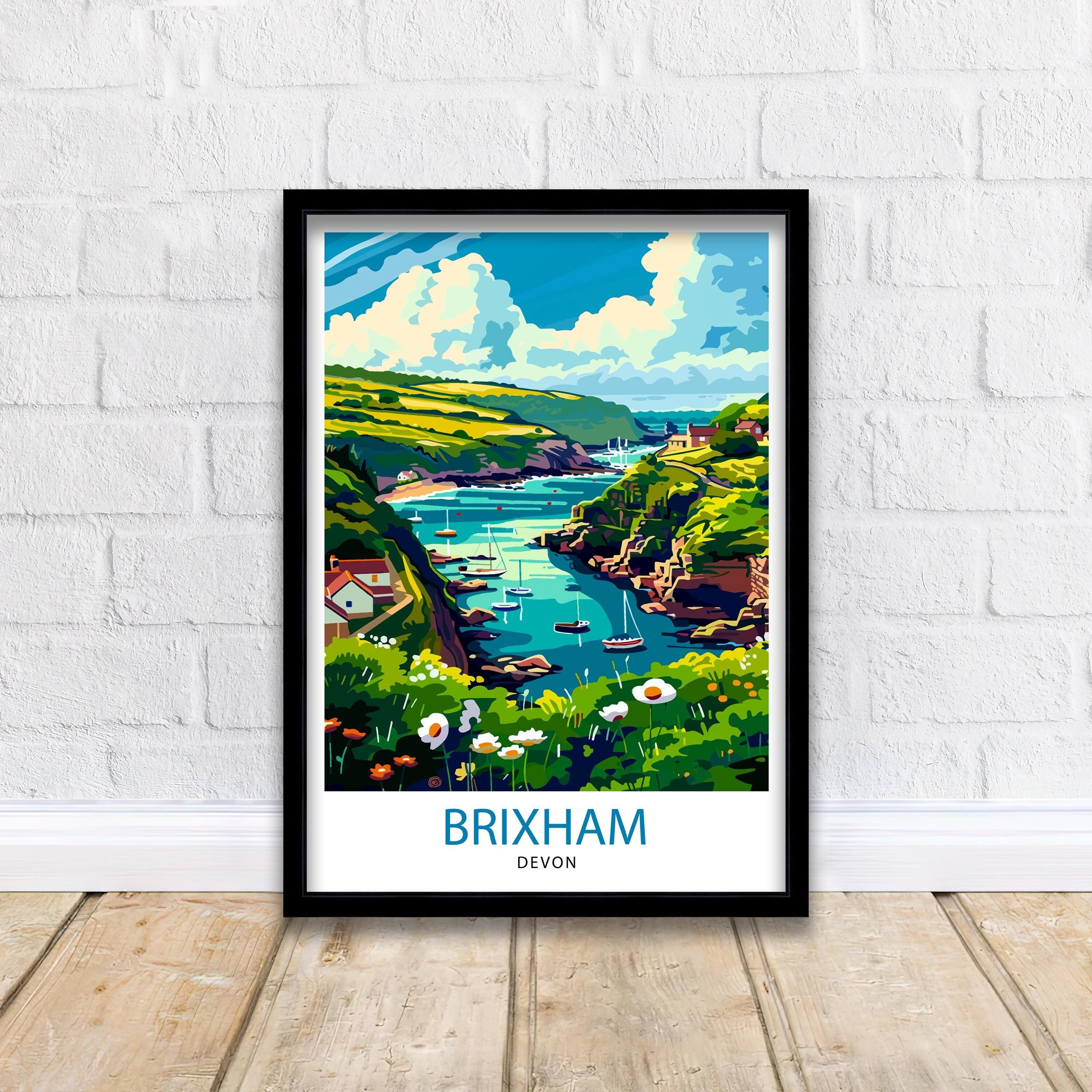 Brixham Devon Travel Poster English Seaside Town Art Devonshire Harbor Print British Coastal Wall Decor Fishing Village Illustration