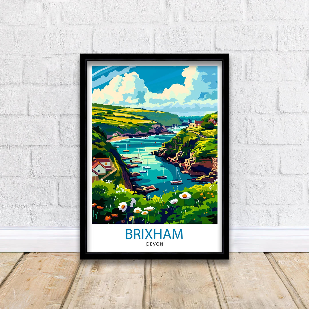 Brixham Devon Travel Poster English Seaside Town Art Devonshire Harbor Poster British Coastal