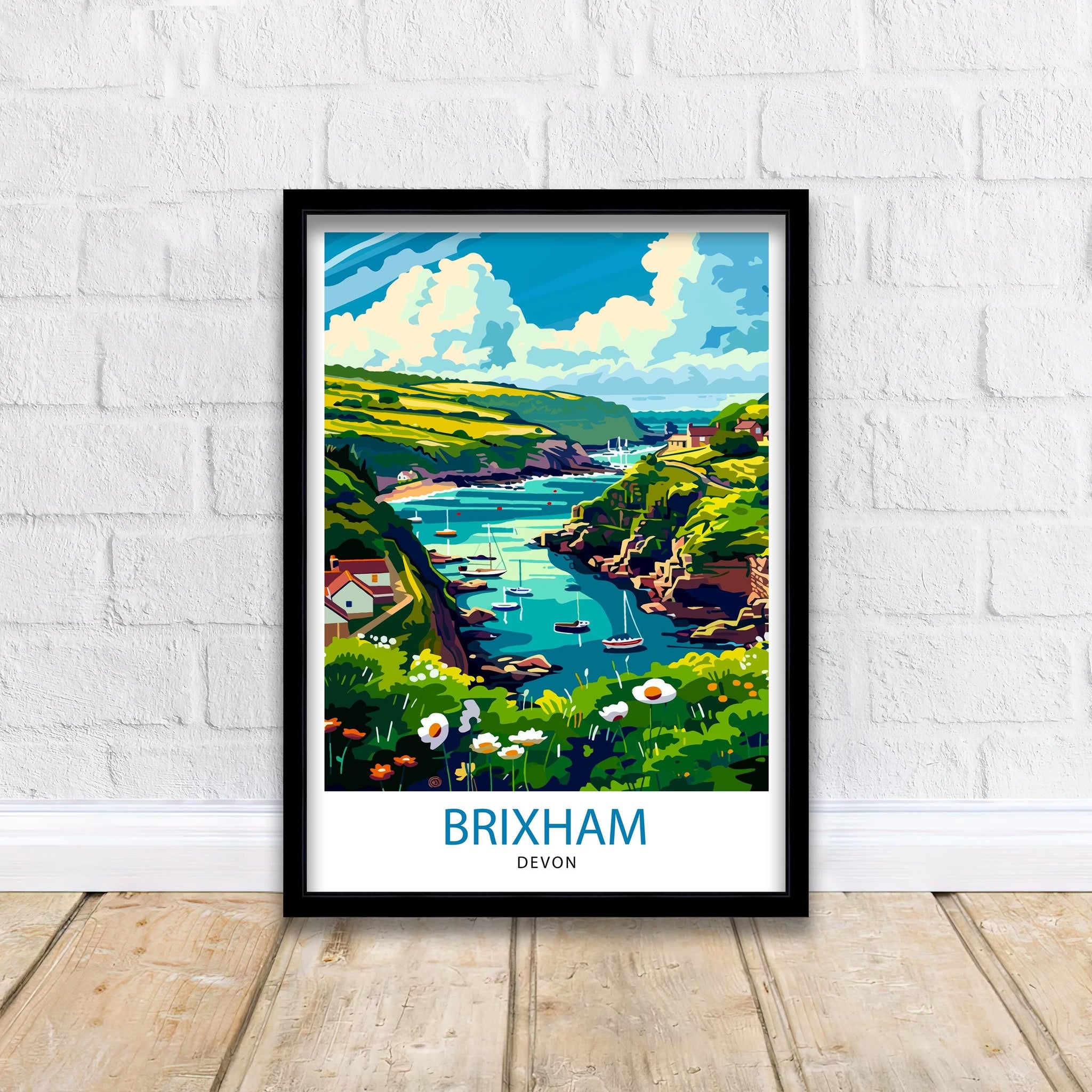 Brixham Devon Travel Poster English Seaside Town Art Devonshire Harbor Print British Coastal Wall Decor Fishing Village Illustration