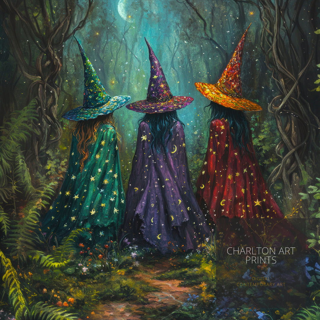 Colorful Witches Print Dark Academia Art Witchy Decor Gothic Home Decor Antique Illustration Enchanted Fantasy Poster Rustic Vintage