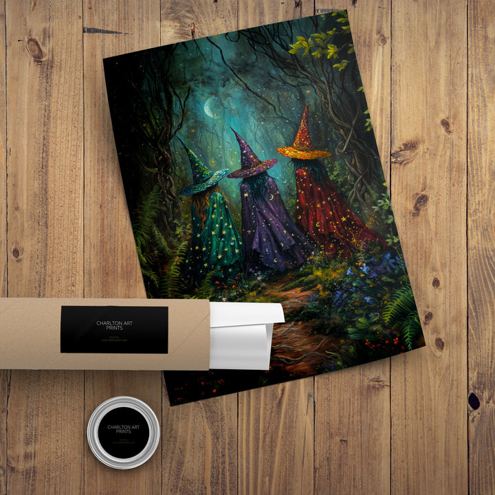 Colorful Witches Print Dark Academia Art Witchy Decor Gothic Home Decor Antique Illustration Enchanted Fantasy Poster Rustic Vintage