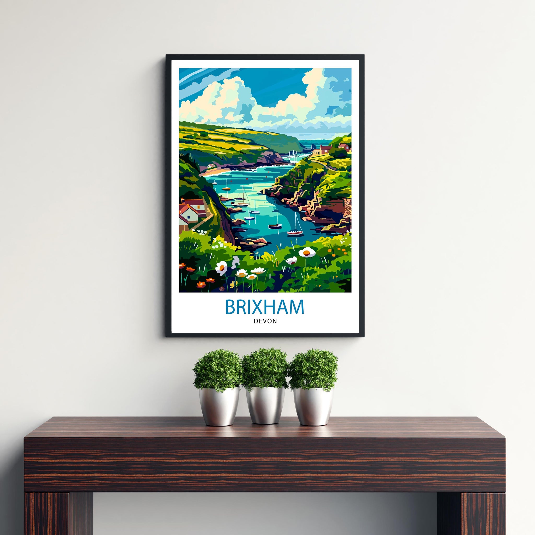 Brixham Devon Travel Poster English Seaside Town Art Devonshire Harbor Print British Coastal Wall Decor Fishing Village Illustration