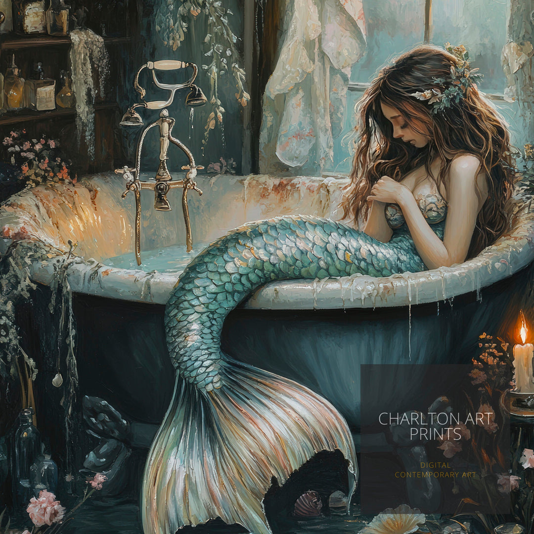 Mermaid in Bathtub Print Dark Academia Art Whimsical Decor Gothic Home Decor Antique Illustration Fantasy Poster Rustic Vintage Wall Art