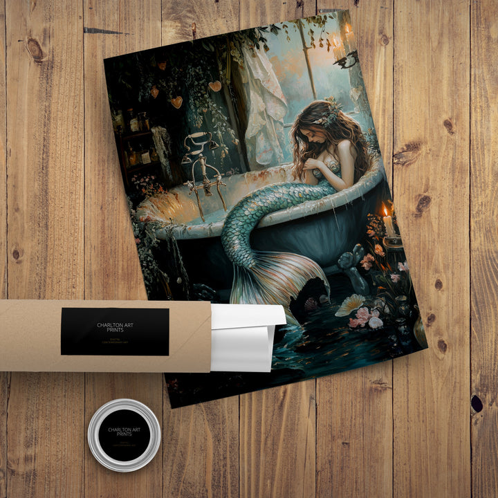 Mermaid in Bathtub Print Dark Academia Art Whimsical Decor Gothic Home Decor Antique Illustration Fantasy Poster Rustic Vintage Wall Art