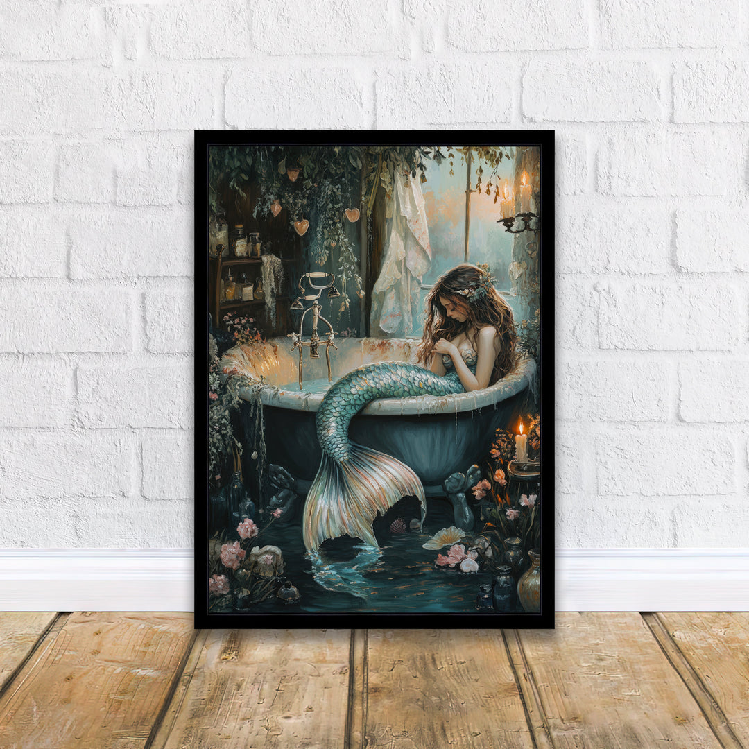 Mermaid in Bathtub Print Dark Academia Art Whimsical Decor Gothic Home Decor Antique Illustration Fantasy Poster Rustic Vintage Wall Art