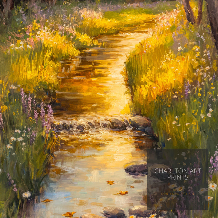 Meadow Stream Poster Dark Academia Poster Cottagecore Decor Antique Landscape Illustration Rustic Nature Poster Vintage Wall Art