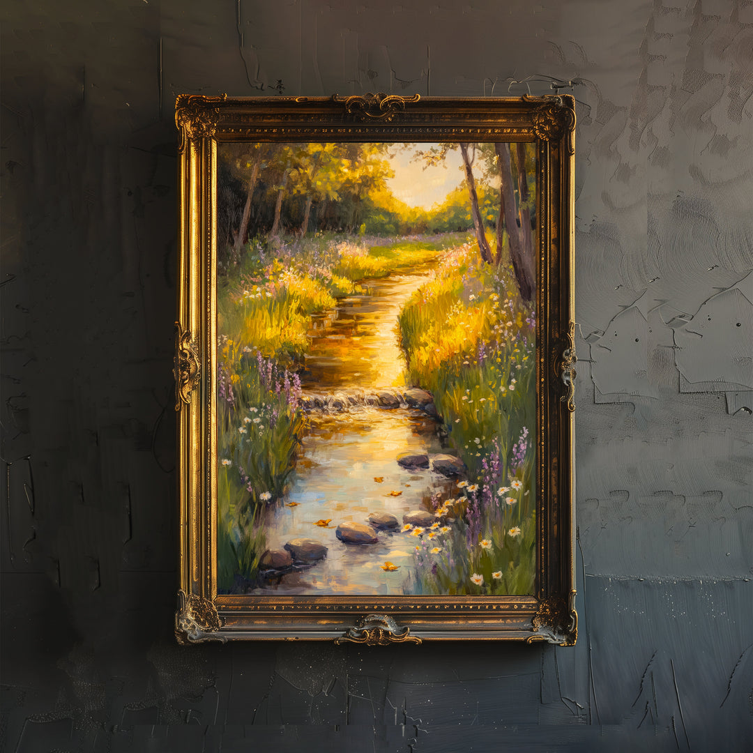 Meadow Stream Poster Dark Academia Poster Cottagecore Decor Antique Landscape Illustration Rustic Nature Poster Vintage Wall Art