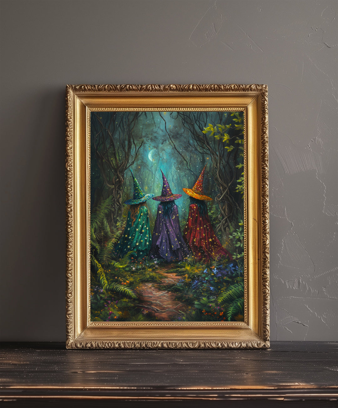 Colorful Witches Print Dark Academia Art Witchy Decor Gothic Home Decor Antique Illustration Enchanted Fantasy Poster Rustic Vintage