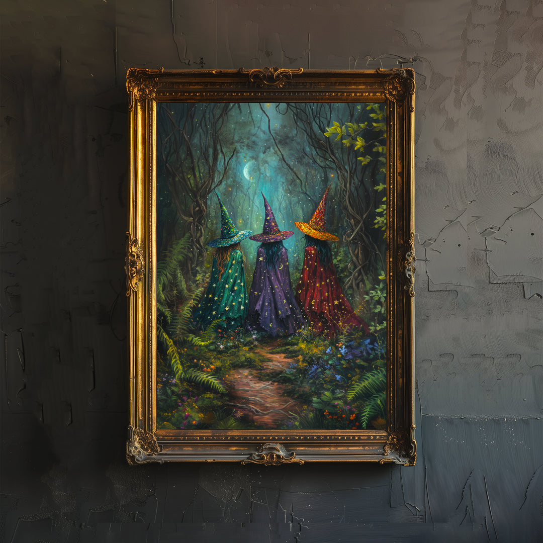 Colorful Witches Print Dark Academia Art Witchy Decor Gothic Home Decor Antique Illustration Enchanted Fantasy Poster Rustic Vintage