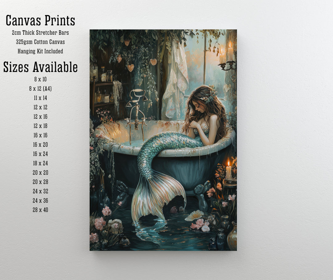 Mermaid in Bathtub Print Dark Academia Art Whimsical Decor Gothic Home Decor Antique Illustration Fantasy Poster Rustic Vintage Wall Art