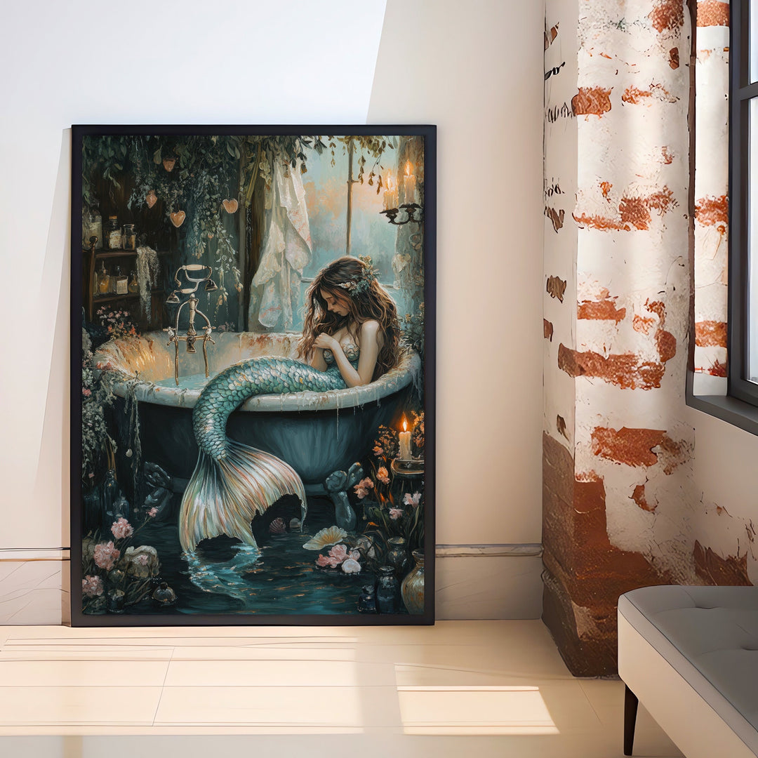 Mermaid in Bathtub Print Dark Academia Art Whimsical Decor Gothic Home Decor Antique Illustration Fantasy Poster Rustic Vintage Wall Art