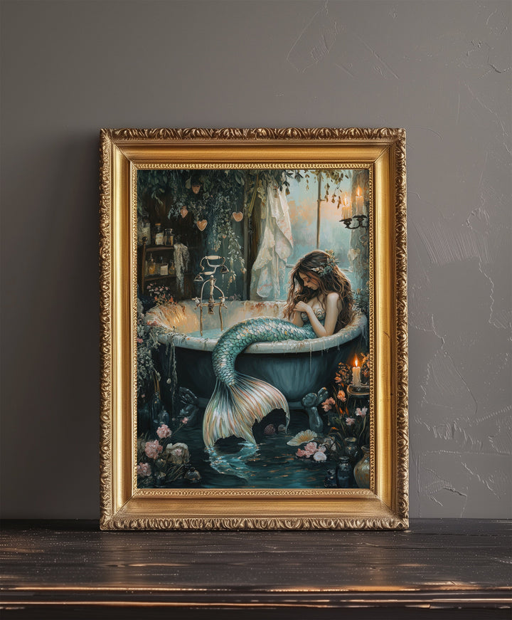 Mermaid in Bathtub Print Dark Academia Art Whimsical Decor Gothic Home Decor Antique Illustration Fantasy Poster Rustic Vintage Wall Art