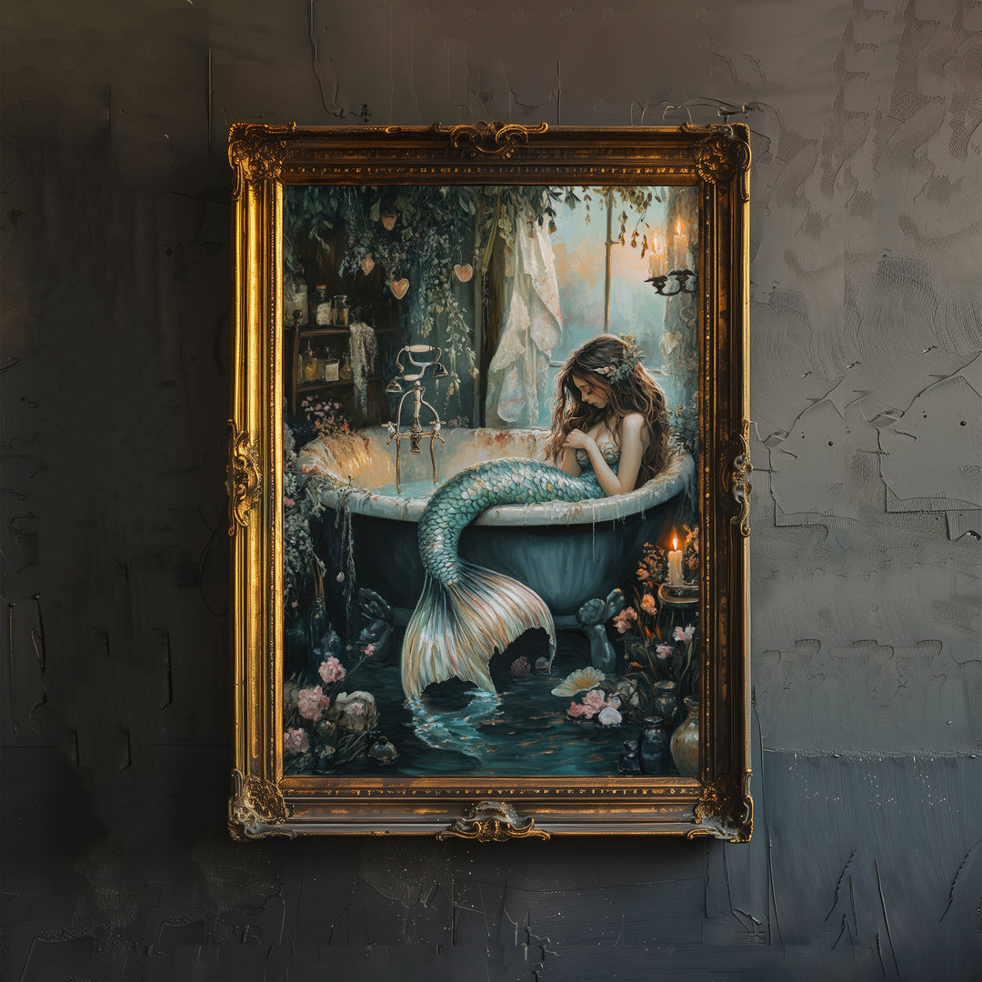 Mermaid in Bathtub Print Dark Academia Art Whimsical Decor Gothic Home Decor Antique Illustration Fantasy Poster Rustic Vintage Wall Art