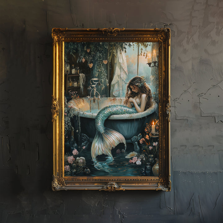 Mermaid in Bathtub Print Dark Academia Art Whimsical Decor Gothic Home Decor Antique Illustration Fantasy Poster Rustic Vintage Wall Art